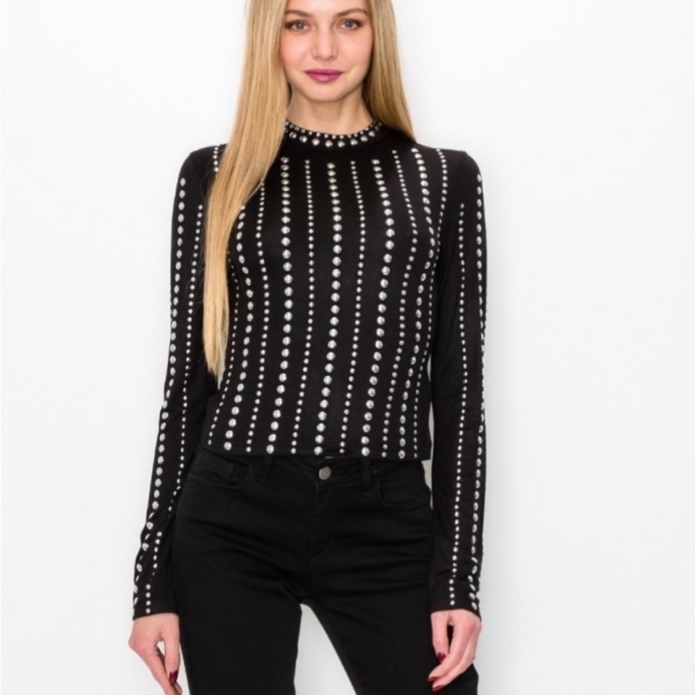 “Rock Chic” Black Top with Silver Round Studs. Size: L   EUC